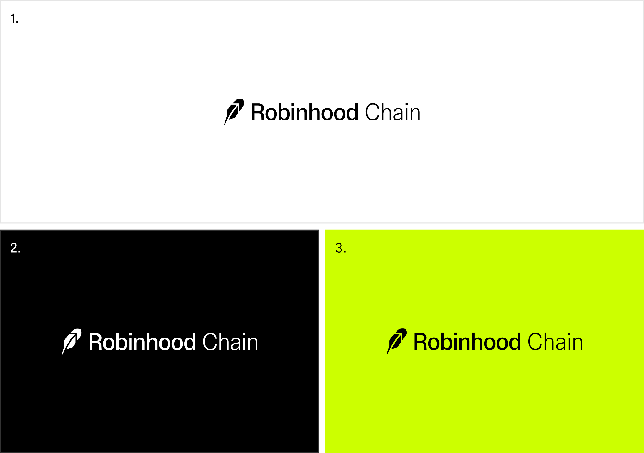 Approved color pairings for the Robinhood Chain logo: black on white, white on black, and black on Robin Neon