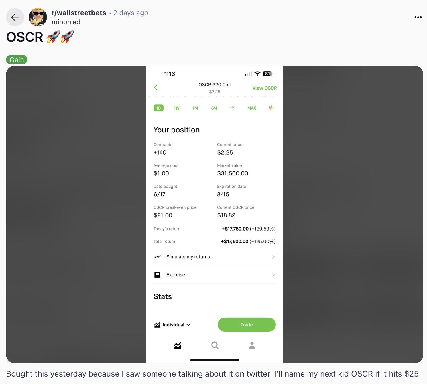 r/wsb screenshot of OSCR position