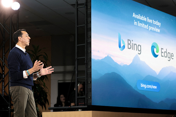 The “new Bing” walks into a search bar… (Jason Redmond/Getty Images)