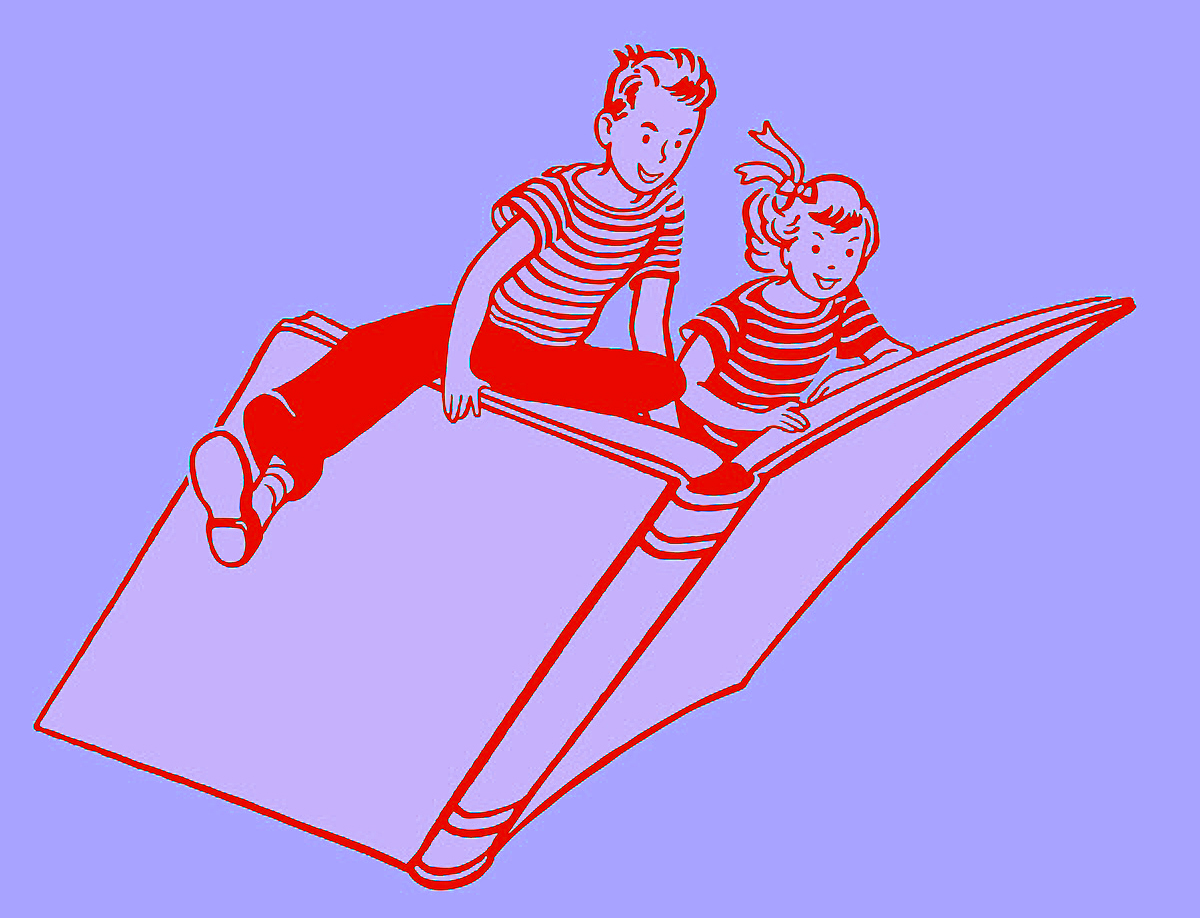 Girl and Boy Riding on Book