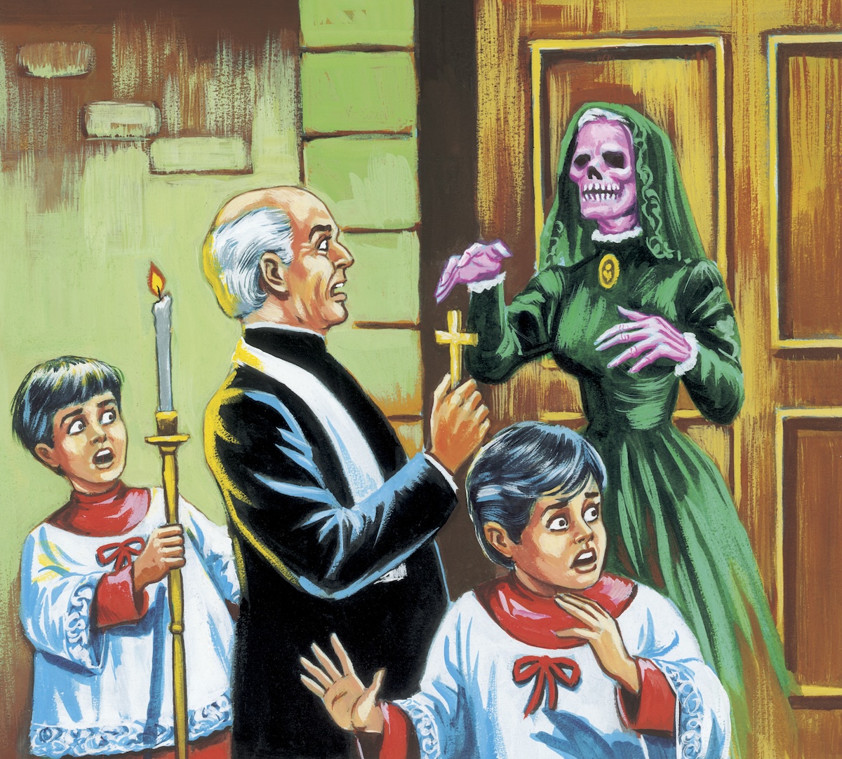 Skeletal Female Corpse Scares Priest and Altar Boys