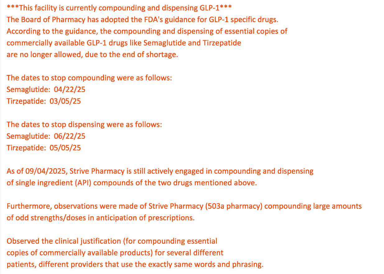 Notes from a September 4, 2025 inspection at Strive's Gilbert, Arizona facility. (Arizona Board of Pharmacy via Sherwood News)