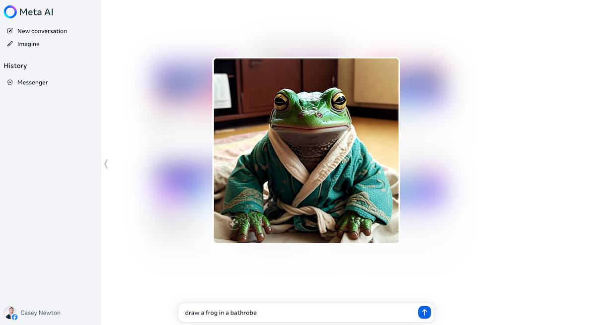 Screenshot of Meta’s AI image generator, frog in a bathrobe